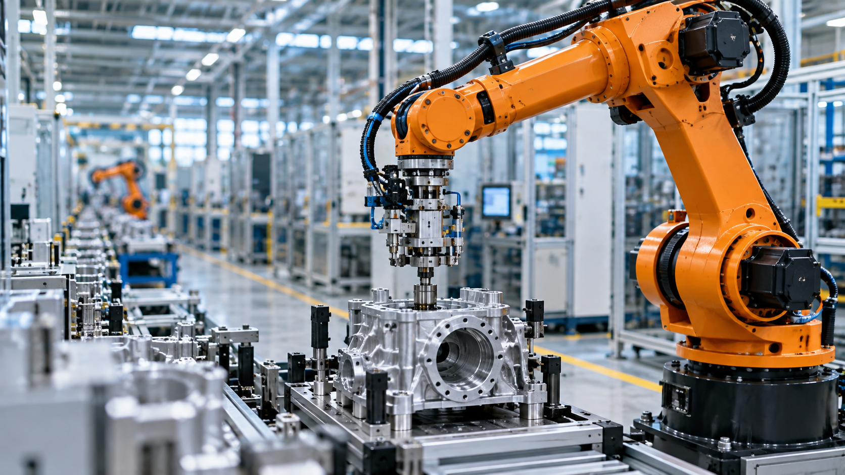 Bras robotisé industriel travaillant sur une ligne de production